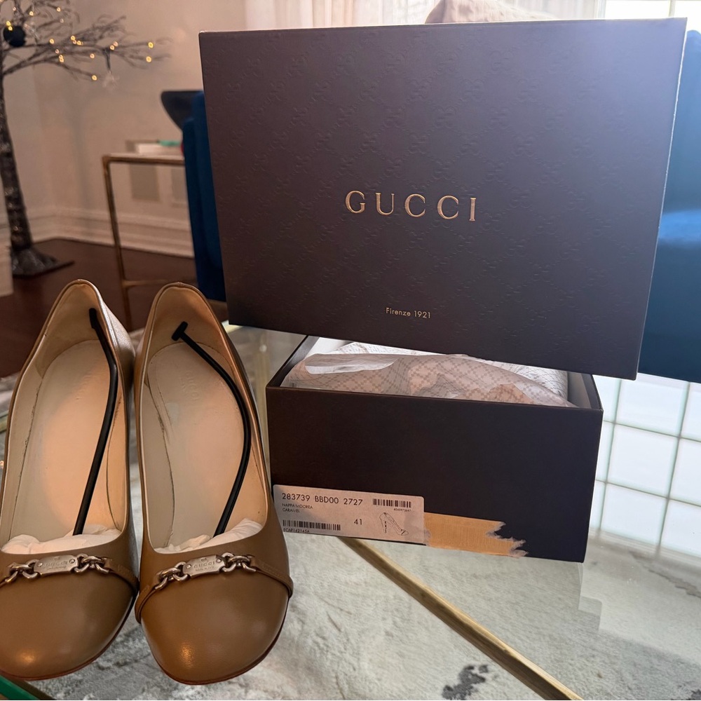 Gucci Nappa Moorea Pumps Heels Caramel Tan Taupe Horsebit Stamped 41 10 11